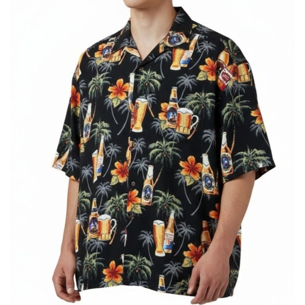 Big Dogs Short Sleeve Beer Shirt Men 4X Hawaiian Print Vacation Beach Button Up